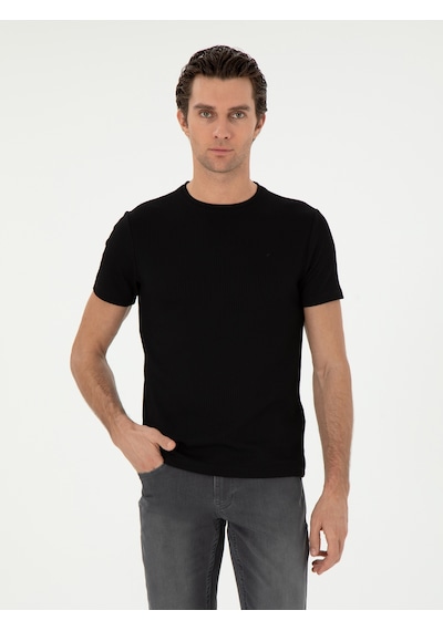 Siyah Slim Fit Çizgi Dokulu Bisiklet Yaka T-shirt