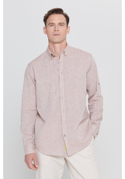 AC&Co / Altınyıldız Classics Erkek Camel Comfort Fit Rahat Kesim Düğmeli Yaka Casual Keten Gömlek Camel