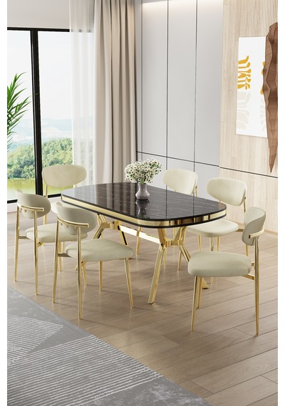 Canisa Olya Serisi 90x168 Lak Panel Sonata Masa Takımı Gold Ayaklı 6 Krem Sandalye Sonata Masa Krem Sandalye Canisa Olya Serisi 90x168 Lak Panel Sonata Masa Takımı Gold Ayaklı 6 Krem Sandalye Sonata Masa Krem Sandalye