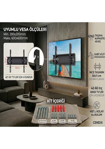 Cendix Cx0tvapr02 Sabit Kilitli Tv Duvar Askı Aparatı 43-60 İnç 50x11 Cm 40 Kg Taşıma Kapasite