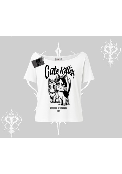Startmore Startmore Cute Kitten Yazılı Sevimli Kedi Baskılı Kayık Yaka Tshirt Beyaz