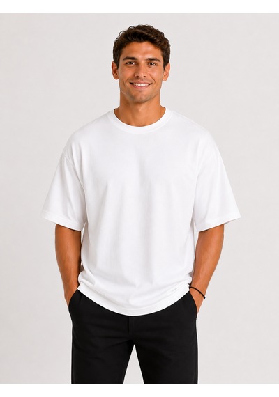 Vasto Moda Erkek Oversize Kalın Dokulu %100 Organik Pamuk Bisiklet Ribana Yakalı Beyaz T-shirt