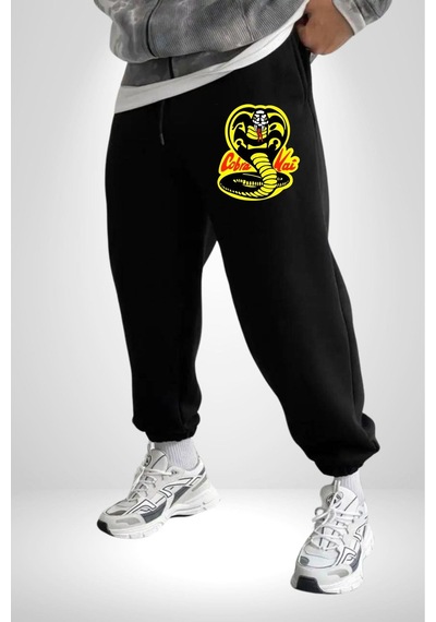 Angemiel Cobra Kai Karete Çocuk Yılan Logo Dizi 3 İplik Erkek Baskılı Siyah Eşofman Altı Siyah