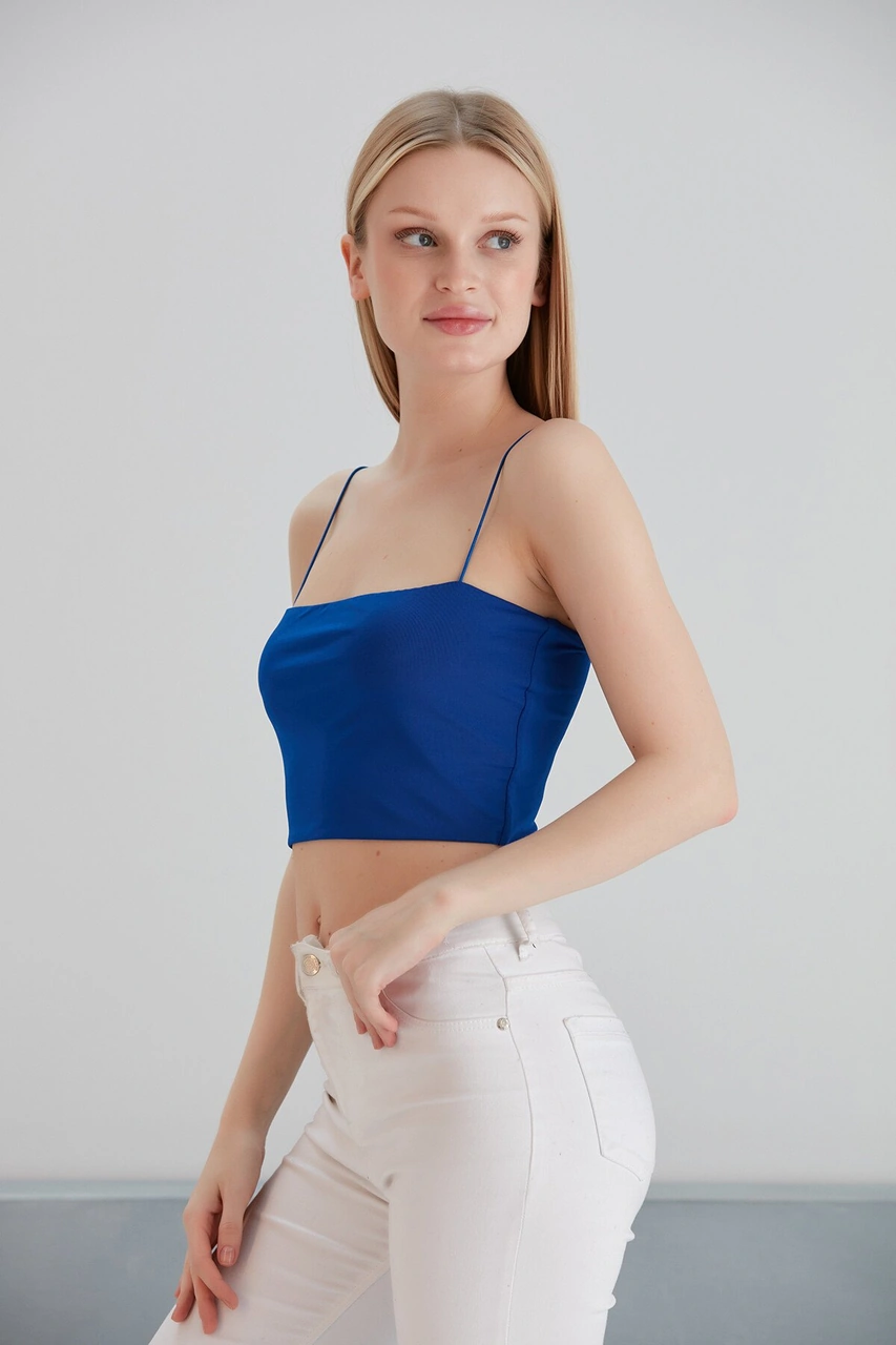 Mamayaga Kadın Askılı Şık Croptop Bluz Mavi