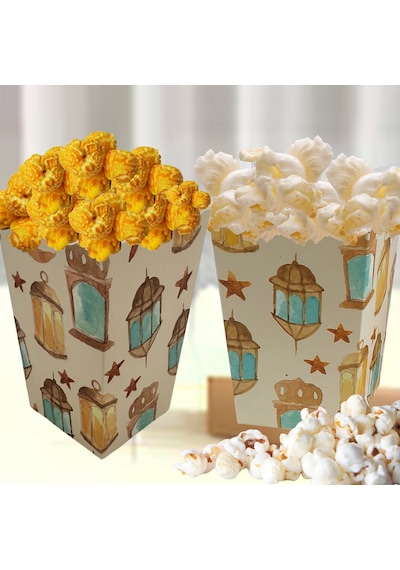 12li Ramazan Temalı Patlamış Mısır, Şeker Kutusu, Hediye Popcorn, İkram Kutusu, 6x6x11 Cm, Krem Renk Krem