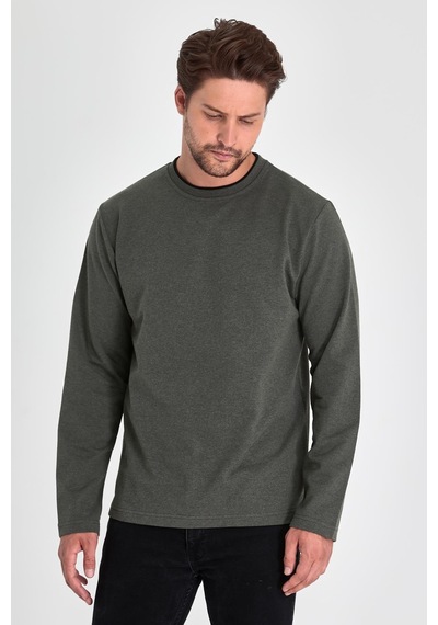 Comeor Erkek Haki Çift Bisiklet Yaka Standart Rahat Kesim Sweatshirt Cmrb68-haki