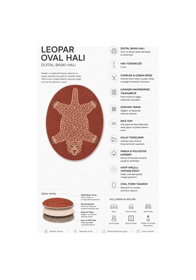 Leopar 04 Koyu Pembe Leopar İnce Vintage Görünüm Şönil Dokuma Oval Oturma Odası Ev Koridor Halısı