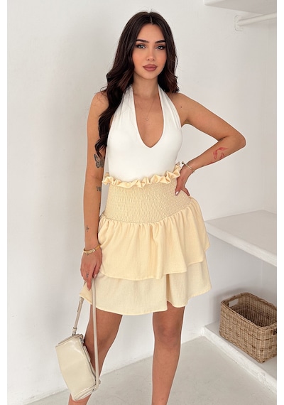 Kadın Katlı Smock Bel Mini Short Etek Summer Layers Bej