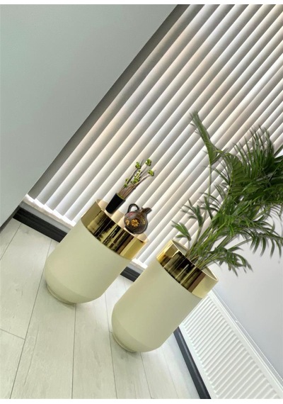 Dekoratif Gold Darbuka Beyaz Saksı 70cm + Sehpa 60cm İkili Set