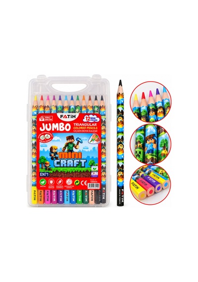 Mini Craft Jumbo Üçgen Kuru Boya Kalemi 12 Renk Sert Plastik Kutulu Çok Renkli