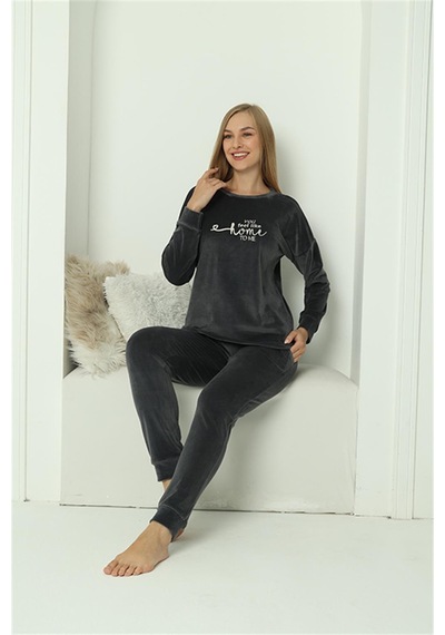 Akbeniz Kadın Kadife Füme Pijama Takım 20624 - Xl Füme