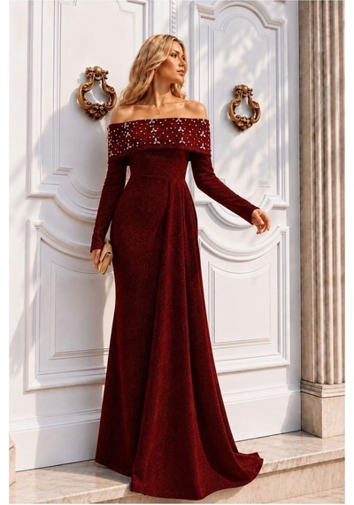 DefyModa Kadın Trend Degaje Yaka Dekolteli Maxi Uzun Kollu Abiye Elbise Kırmızı