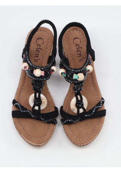 Nesilshoes Nesil Shoes Celens 10011 Siyah Dolgu Topuk Kadın Sandalet
