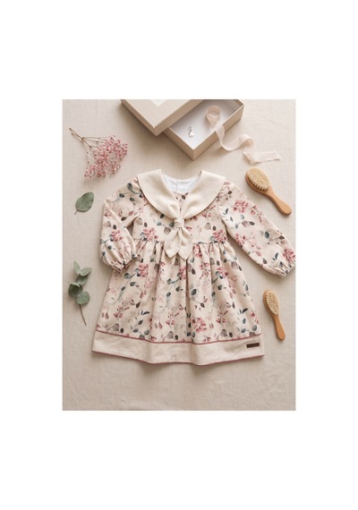 Deniva Kids Kız Çocuk Vintage Denizci Yaka Çiçekli Doğal Kumaş Uzun Kollu Elbise BEJ