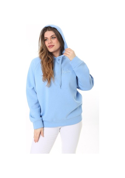 Şans Kadın Büyük Beden Bebe Mavisi İçi Şardonlu 3 İplik Kumaş Kapşonlu Sweatshirt 65n37575-bebe Mavisi Bebek Mavisi