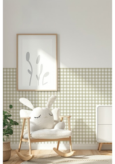 Ekose Desenli Duvar Sticker Yarım Kaplama Duvar Kağıdı Görünümlü Sticker 54x109 Cm Ekoseli Yeşil Dijital Baskı