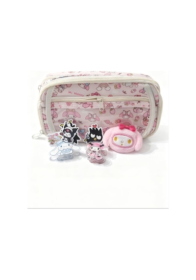 My Melody Desenli Çok Bölmeli Kalemlik - Peluş Broş-sticker-klips Hediyeli Pembe