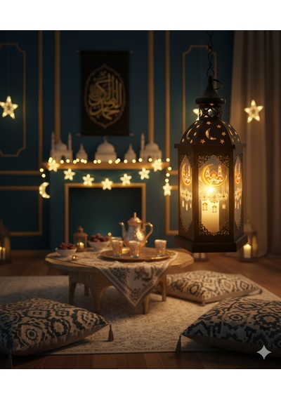 43 Cm Ramazan Ledli Siyah Model Tek Mumlu Lüks Fener - Pil Dahil Dekoratif Ramazan Feneri Diğer