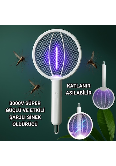 Polham 1200mah Şarjlı 3000v Katlanabilir Ultra Güçlü Sinek Ve Sivrisinek Öldürücü, 3in1 Askılı Standlı
