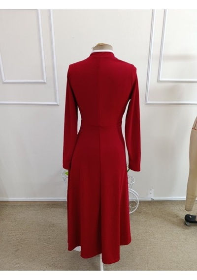 Kadın Uzun Kollu Hakim Yaka Detaylı Damlalı Çift Renkli Uzun Janjan Krep Elbise Kırmızı