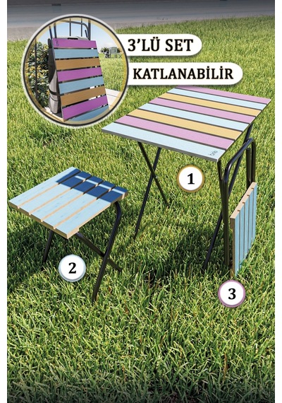 Bino Yükseklik Ayarlı Ahşap Bistro Set Kamp Masası Taburesi 3'lü Set Çok Renkli