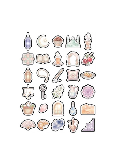 30 Adet Pastel Sulu Boya Ramazan Temalı Sticker Seti - Laptop Defter Telefon Çok Renkli