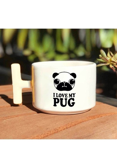 I Love My Pug Aslan Silüet Baskılı Beyaz T Kulp Kupa Bardak