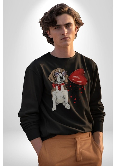 Poodle Ve Beagle Sevililer Günü Hediyesi Unisex Siyah Baskılı Sweatshirt Siyah
