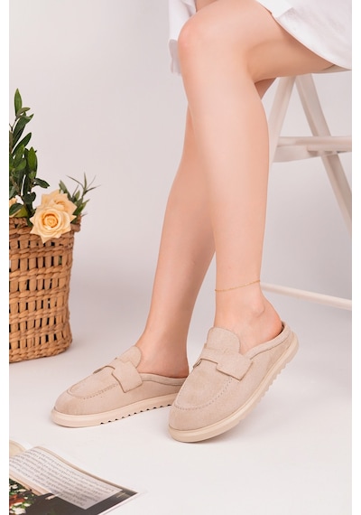 Muggo Vintage Süet Deri Günlük Rahat Önü Kapalı Kadın Loafer Terlik Bej