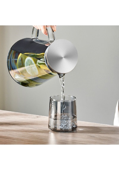 Qerhome Borosilikat Cam Metal Kapaklı Lüks Sürahi 1900 Ml Füme