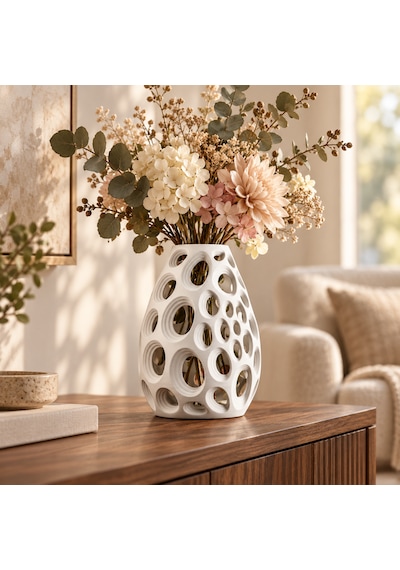 Dekoratif Vazo 20 Cm Oval Delikli Modern Tasarım Kuru Ve Yapay Çiçek Vazosu Beyaz