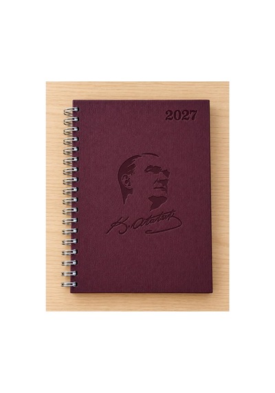 Lizy Atatürk 2027 Günlük Spiralli Ajanda 17x24 Cm, Thermo Deri Kapak Gri Bordo