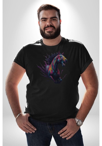 Renkli At Koşu Unisex Unisex Siyah Organik Baskılı T-shirt Penye Yüksek Kalite Siyah