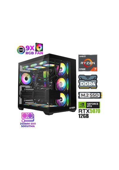 Xaser Master X5 R7-5700X 32 GB 1 TB M.2 NVMe SSD 12 GB RTX5070 Free Dos Masaüstü Oyuncu Bilgisayarı