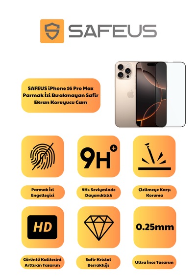 Safeus Tam Kaplayan Parmak İzi Bırakmayan Safir Ekran Koruyucu Cam , Apple Uyumlu iPhone 16 Pro Max İle