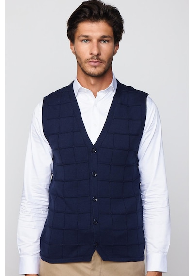 Tudors Slim Fit Kare Desenli Lacivert Erkek Yelek-29708 Lacivert