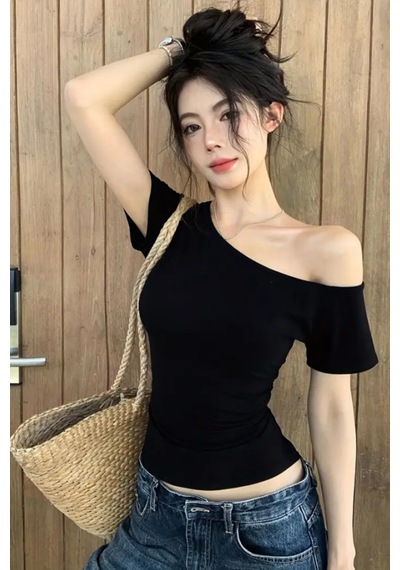 Siyah Kadın Düşük Omuz Kayık Yaka Dar/slim Likralı T-shirt Siyah