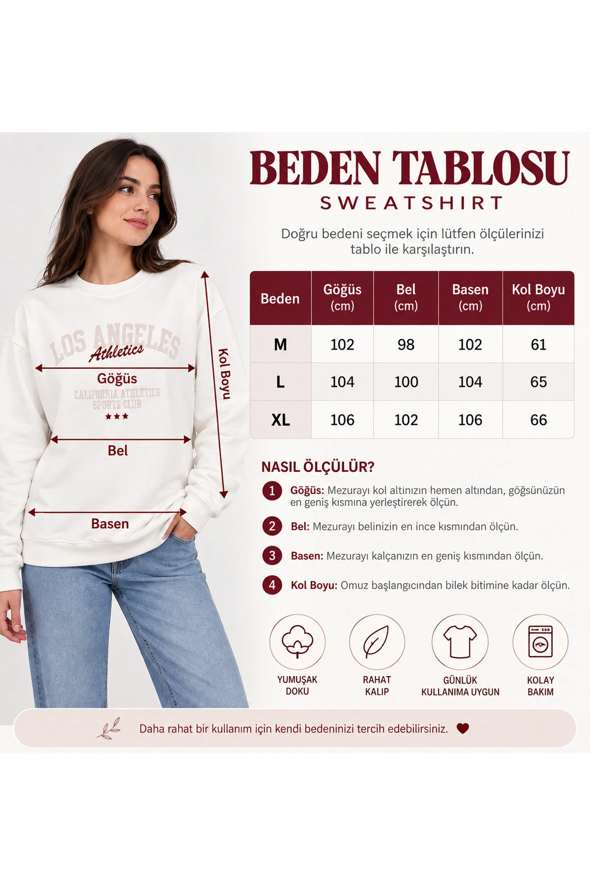 Neco Giyim Kadın Ekru Regular Fit Los Angeles Baskılı Bisiklet Yaka Sweatshirt Spor Günlük Rahat