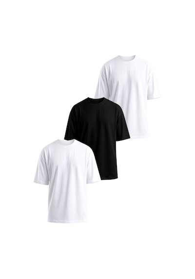 Monox Oversize Unisex 3'lü T-shirt Pamuk Rahat Kesim Beyaz - Siyah