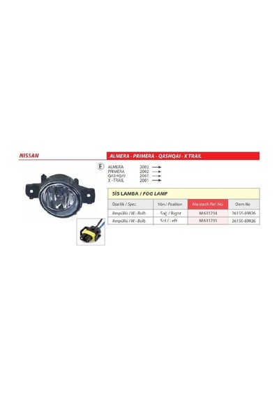 Nissan Almera - Primera - Qashqai - X Trail Sağ Sis Lamba Optik Ünite 2001-2007 -26155-89926
