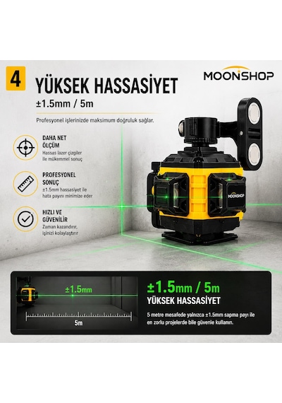 Moonshop 360 Yeşil Lazer Hizalama Seti Şarjlı 16 Çizgili Tripodlu Profesyonel Lazer Terazi