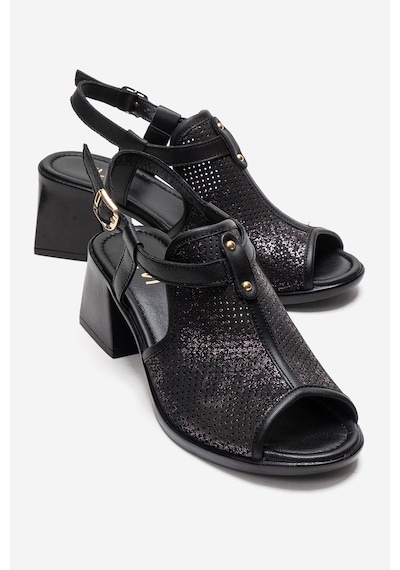 Luvishoes Janelle Siyah Simli Hakiki Deri Kadın Kalın Topuklu Sandalet