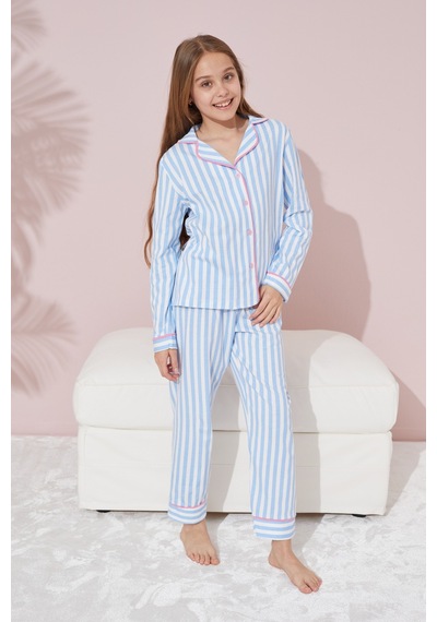 Siyah İnci Mavi Beyaz Çizgili Düğmeli Biyeli Örme Pijama Takım