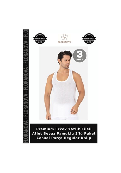 Floranova Premium Erkek Yazlık Fileli Atlet Beyaz Pamuklu 3'lü Paket Casual Parça Regular Kalıp