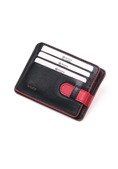 Ancora Leather Hakiki Deri-minimal Tasarım Kartlık-26205-kişiye Özel İsim Baskılı Siyah - Kırmızı