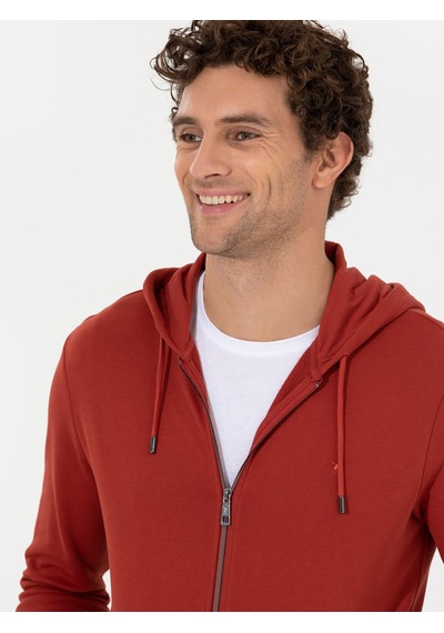 Kiremit %100 Pamuk Tam Fermuarlı Kapüşonlu Sweatshirt Kırmızı