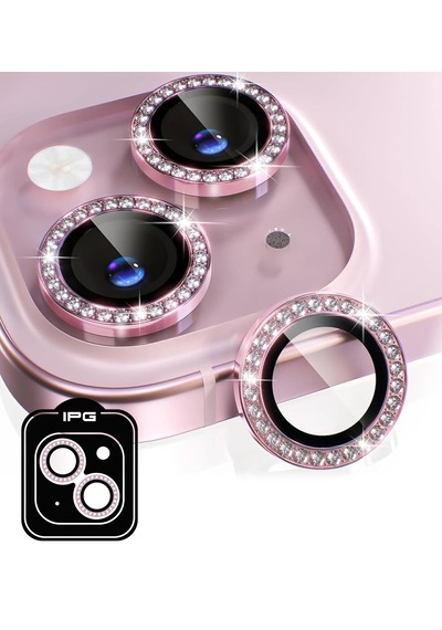 Apple Uyumlu iPhone 14 / 14 Plus İçin Ipg Kamera Lens Koruyucu - Taşlı - Pembe