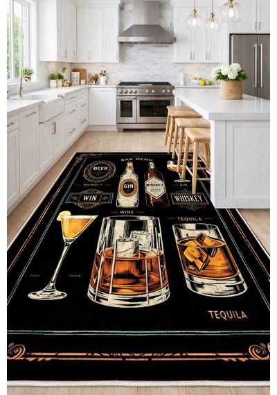 STY Home Kokteyl Dijital Baskı Halı Kaymaz Tabanlı Yıkanabilir Halı Yolluk Salon Halısı137 Siyah