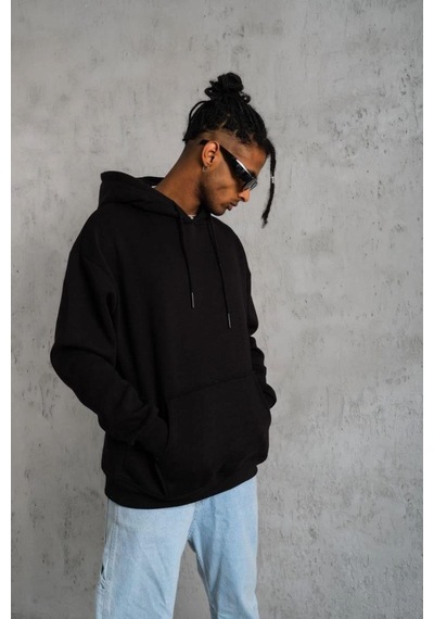 Mbb E-ticaret Erkek 3 İplik Pamuklu Kapüşonlu Kanguru Cepli Sweatshirt Hoodie - Siyah