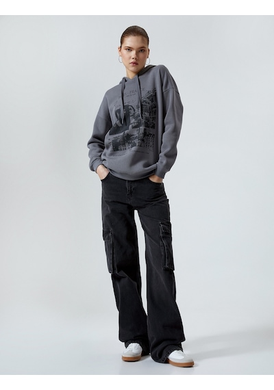 Koton Kapşonlu Sweatshirt Baskılı Uzun Kollu Gri 4sal10469ık Gri